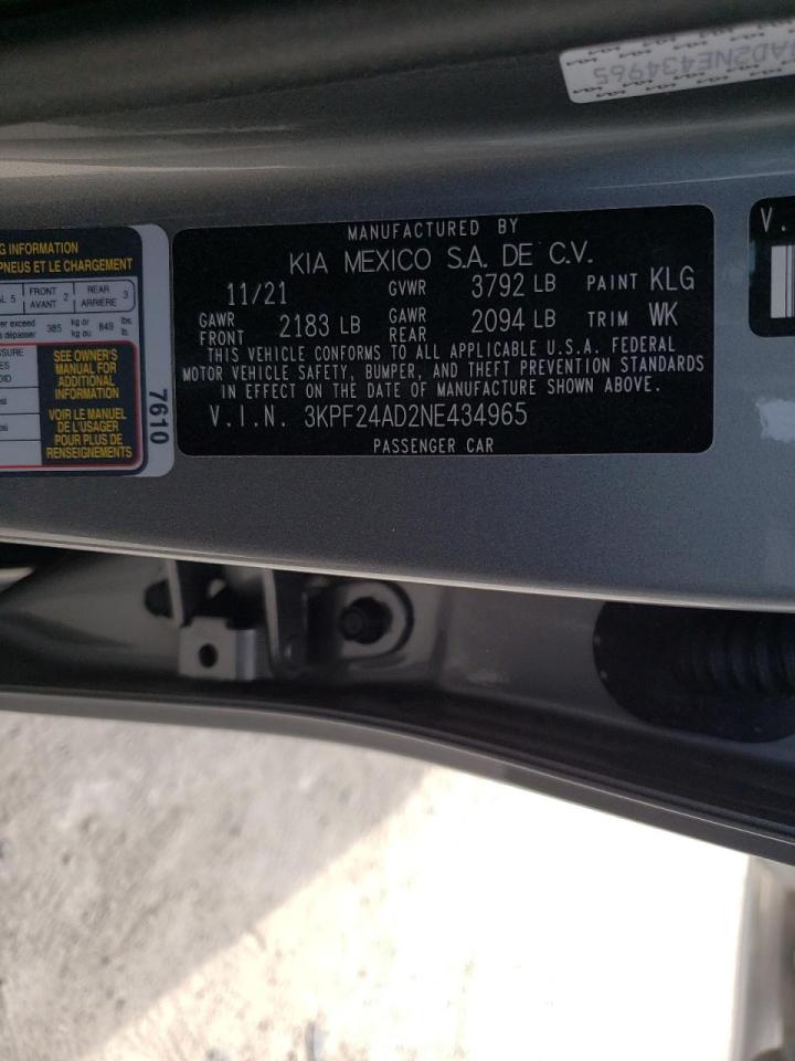 Photo 10 from auction – 2022 KIA FORTE FE with VIN 3KPF24AD2NE434965
