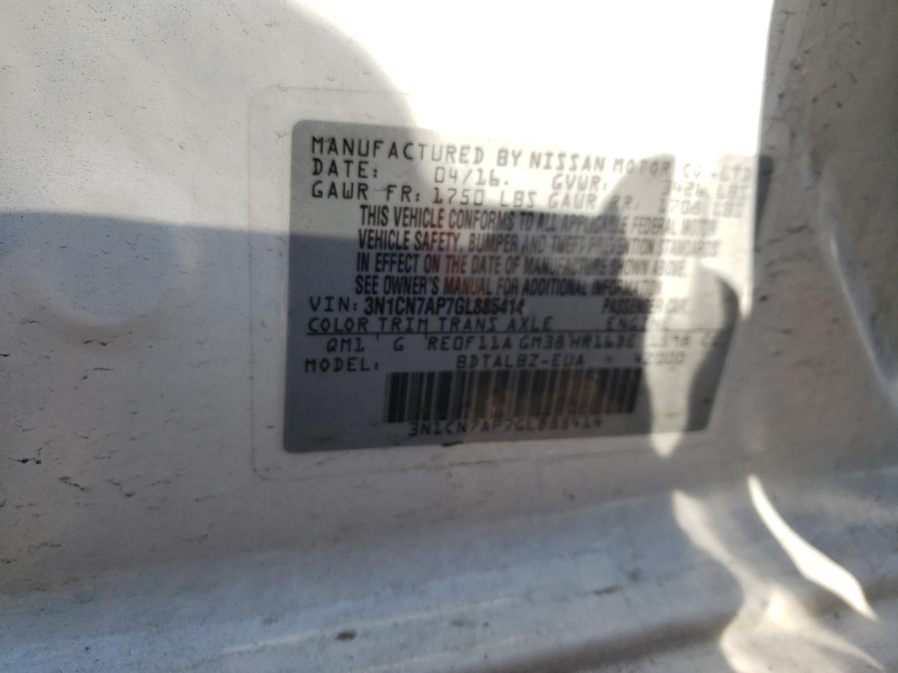 Photo 10 from auction – 2016 NISSAN VERSA S with VIN 3N1CN7AP7GL885414