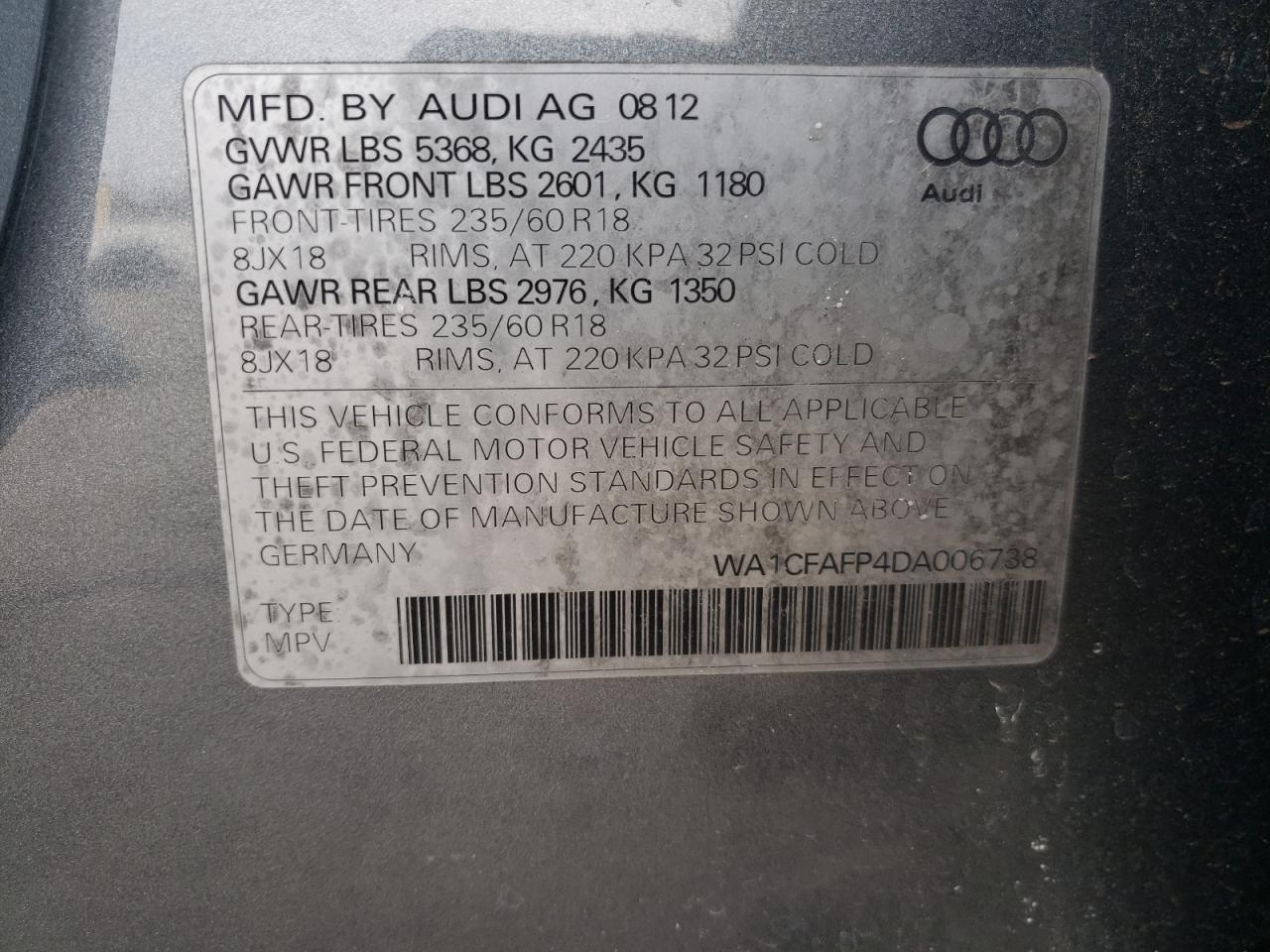 Photo 10 from auction – 2013 AUDI Q5 PREMIUM with VIN WA1CFAFP4DA006738