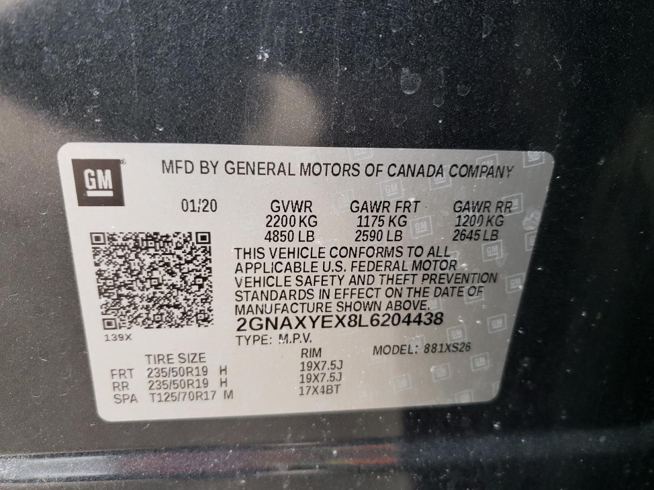 Photo 10 from auction – 2020 CHEVROLET EQUINOX PR with VIN 2GNAXYEX8L6204438