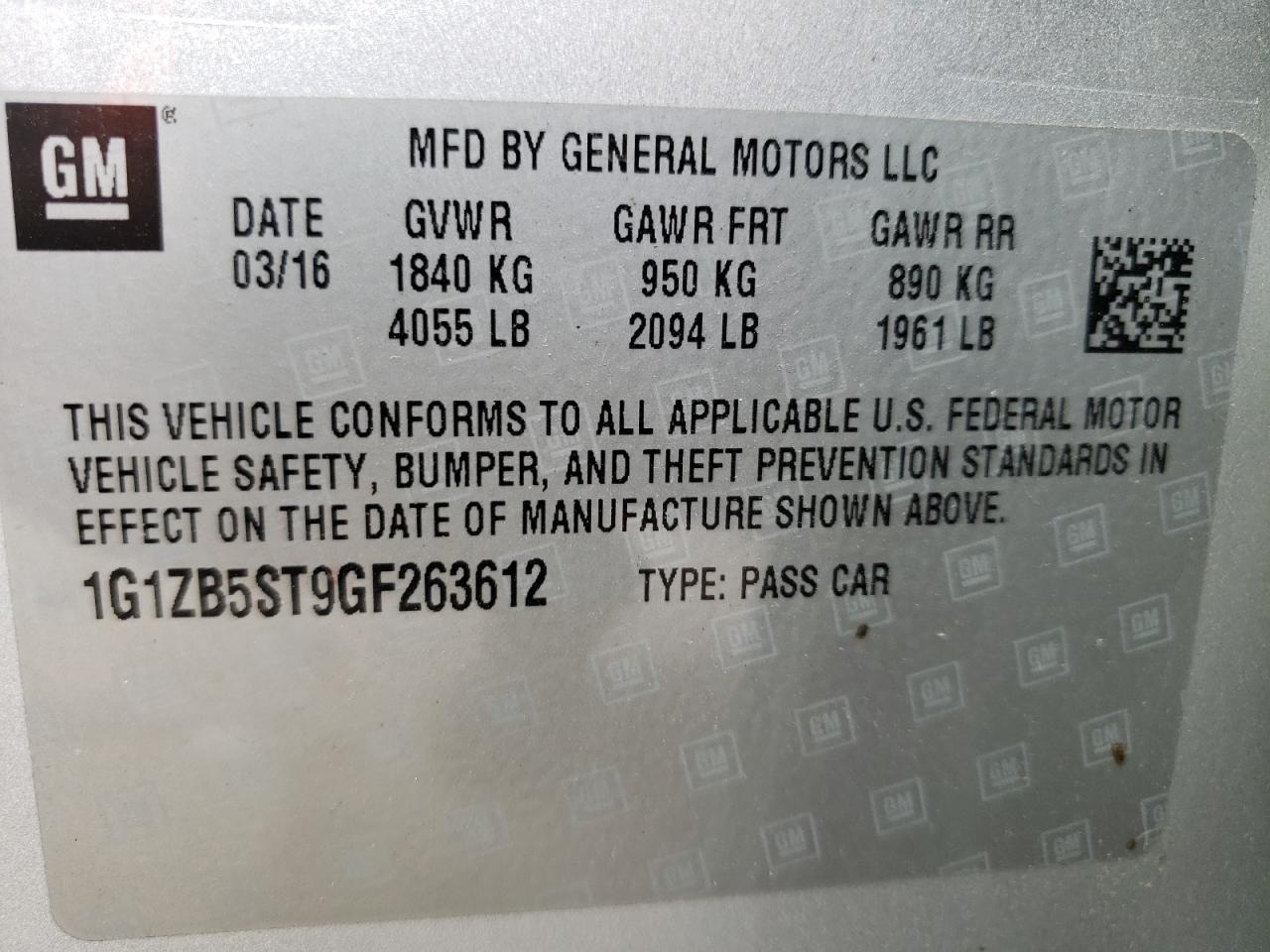 Photo 10 from auction – 2016 CHEVROLET MALIBU LS with VIN 1G1ZB5ST9GF263612