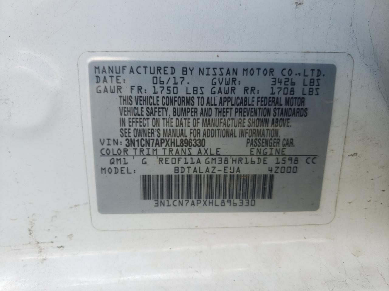 Photo 10 from auction – 2017 NISSAN VERSA S with VIN 3N1CN7APXHL896330
