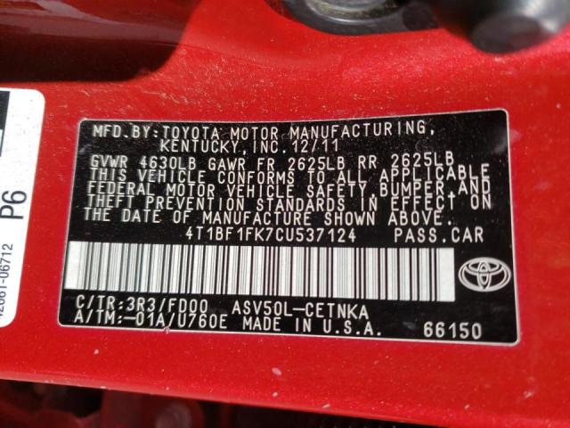 Photo 10 from auction – 2012 TOYOTA CAMRY BASE with VIN 4T1BF1FK7CU537124