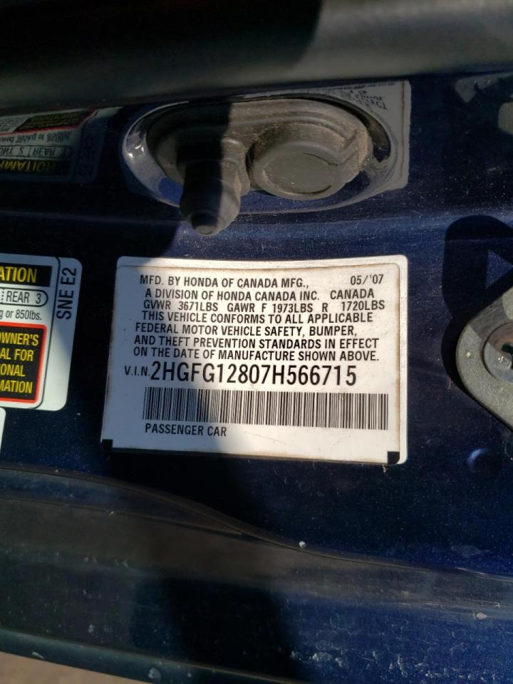 Photo 10 from auction – 2007 HONDA CIVIC EX with VIN 2HGFG12807H566715