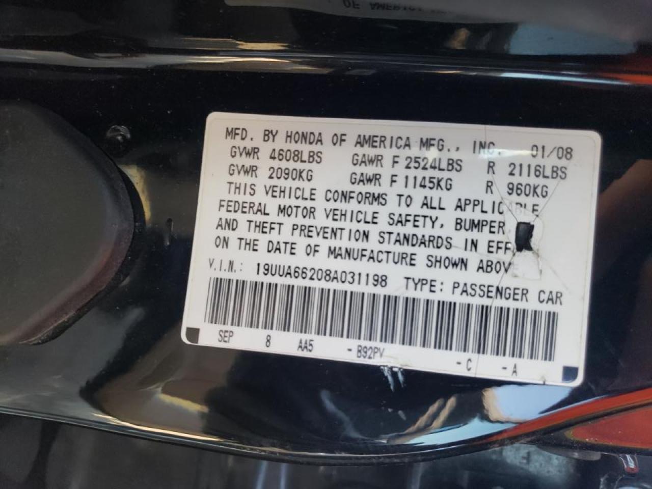 Photo 10 from auction – 2008 ACURA TL with VIN 19UUA66208A031198