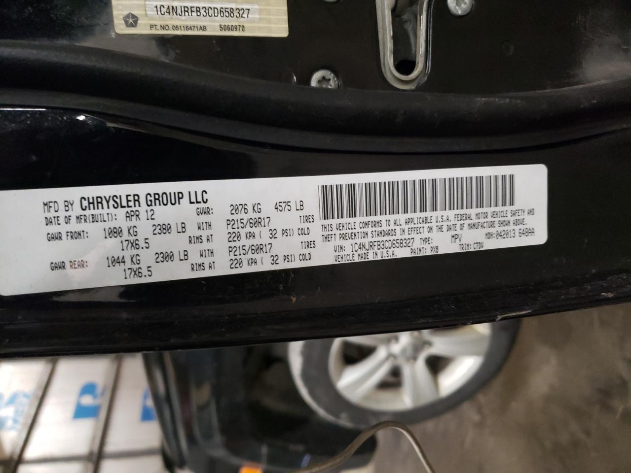 Photo 10 from auction – 2012 JEEP PATRIOT LA with VIN 1C4NJRFB3CD658327