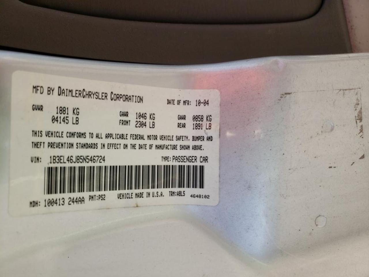 Photo 10 from auction – 2005 DODGE STRATUS SX with VIN 1B3EL46J85N546724