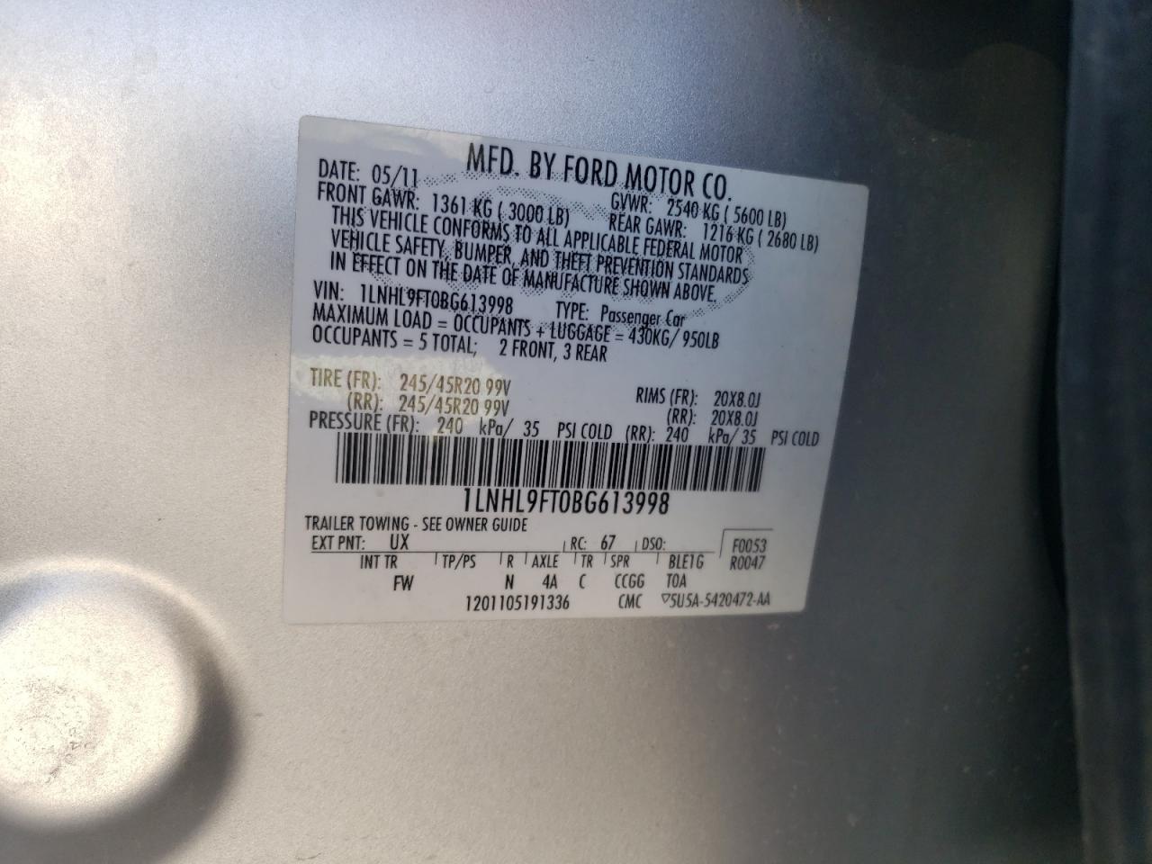 Photo 10 from auction – 2011 LINCOLN MKS with VIN 1LNHL9FT0BG613998
