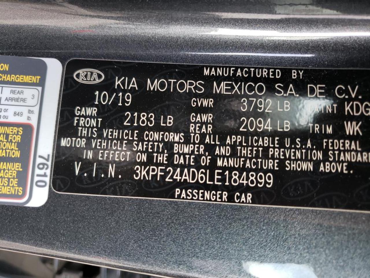 Photo 10 from auction – 2020 KIA FORTE FE with VIN 3KPF24AD6LE184899