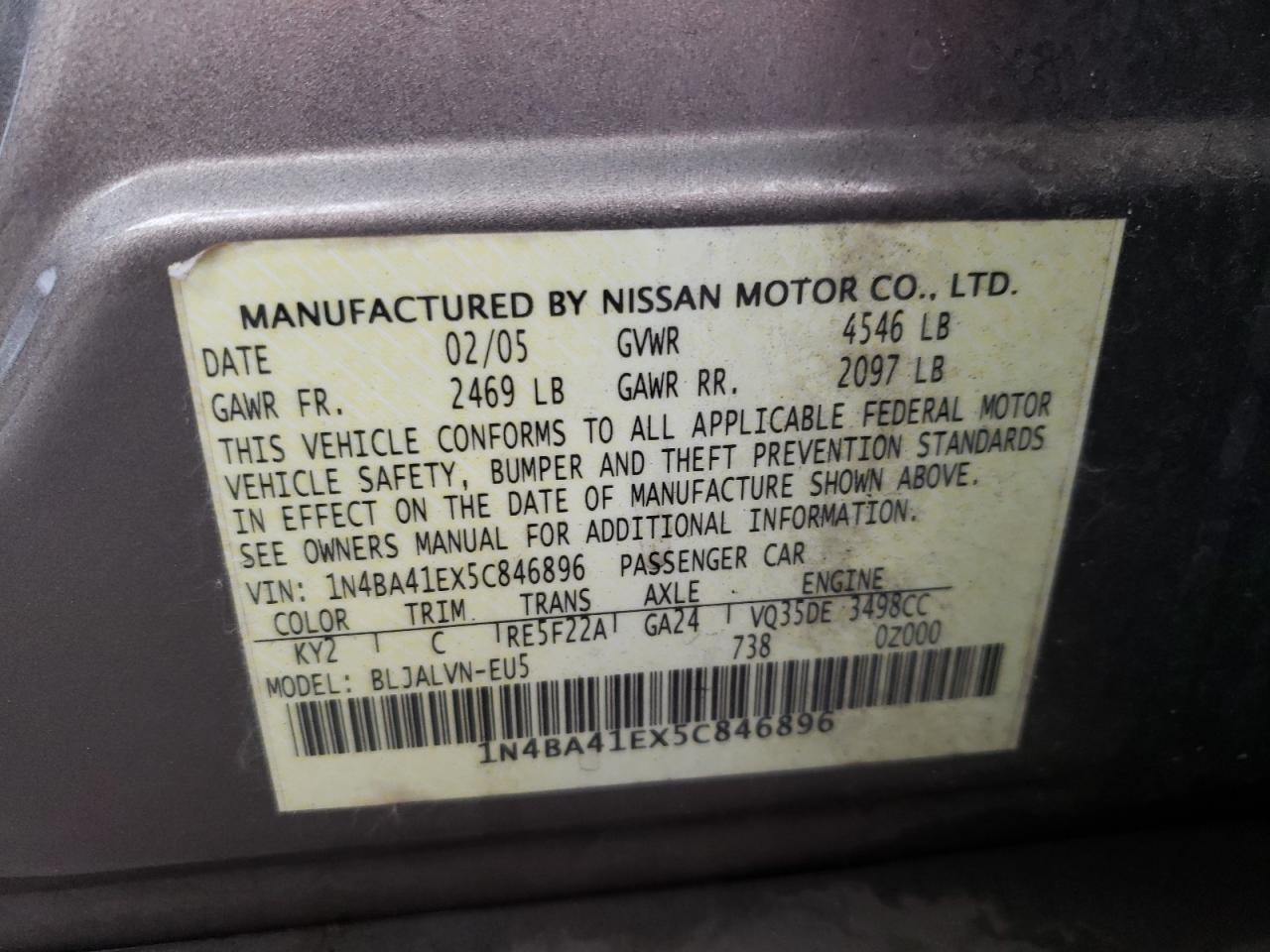 Photo 10 from auction – 2005 NISSAN MAXIMA SE with VIN 1N4BA41EX5C846896