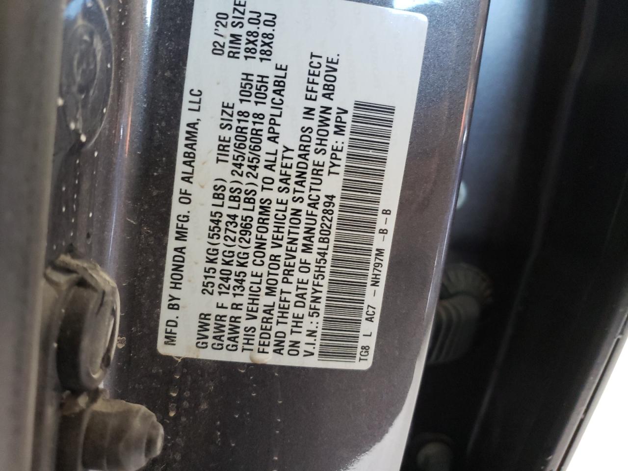 Photo 10 from auction – 2020 HONDA PILOT EXL with VIN 5FNYF5H54LB022894