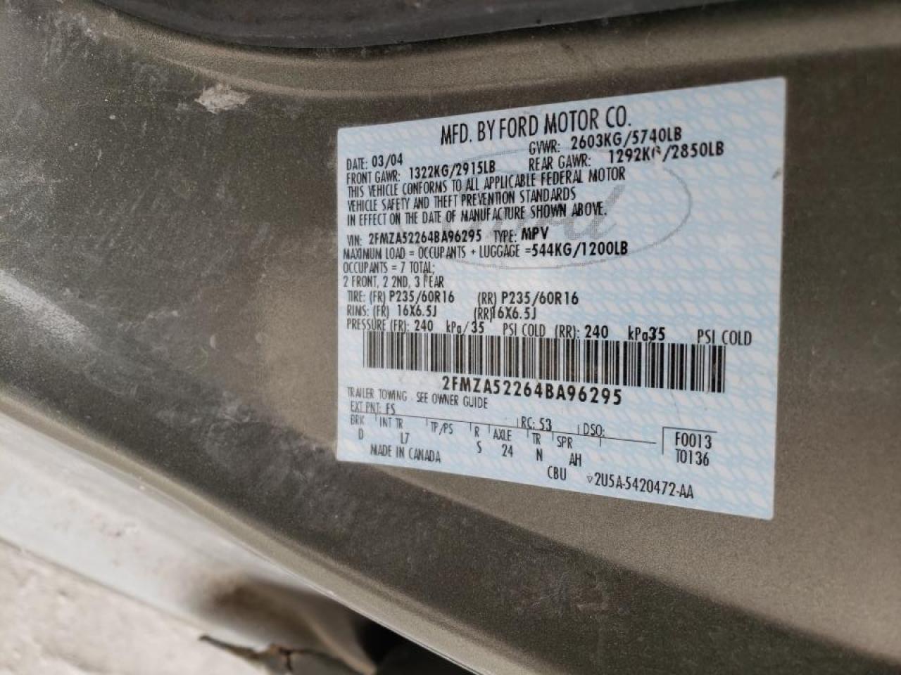 Photo 10 from auction – 2004 FORD FREESTAR S with VIN 2FMZA52264BA96295