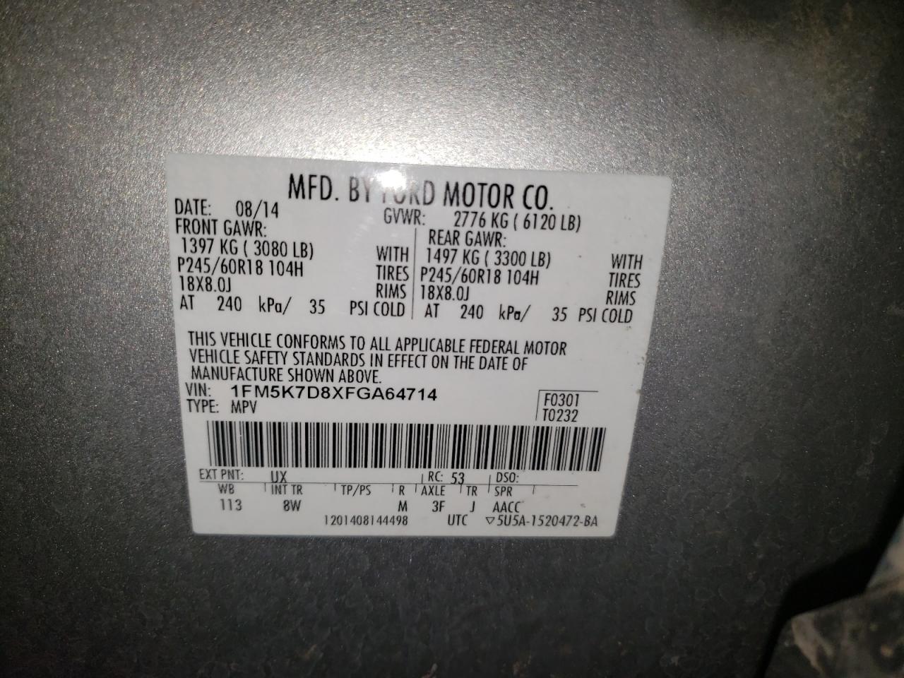 Photo 10 from auction – 2015 FORD EXPLORER X with VIN 1FM5K7D8XFGA64714