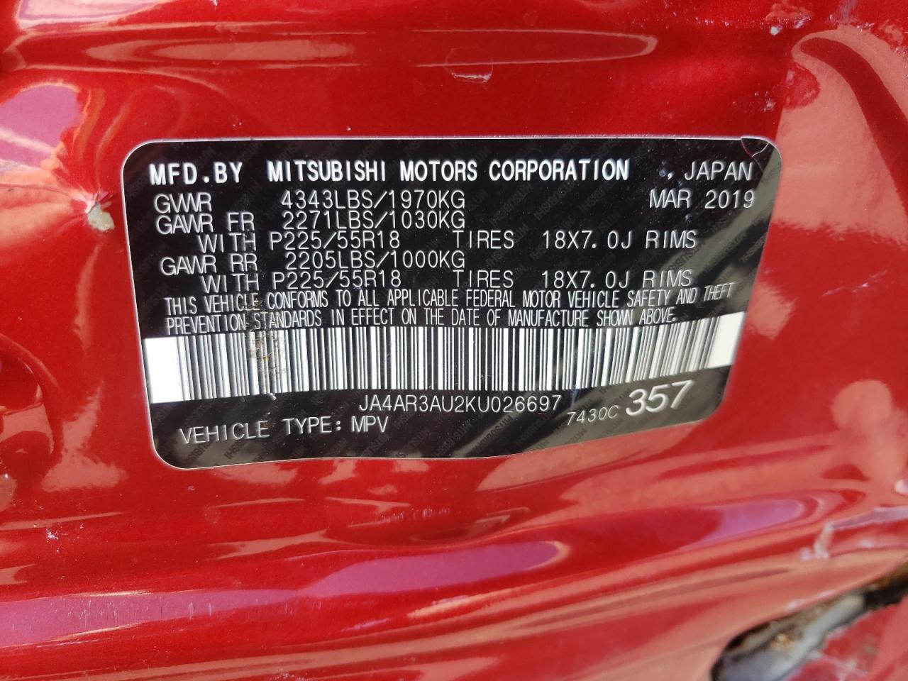 Photo 10 from auction – 2019 MITSUBISHI OUTLANDER with VIN JA4AR3AU2KU026697