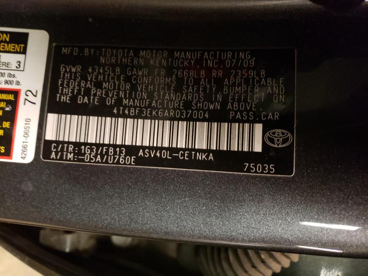 Photo 10 from auction – 2010 TOYOTA CAMRY BASE with VIN 4T4BF3EK6AR037004