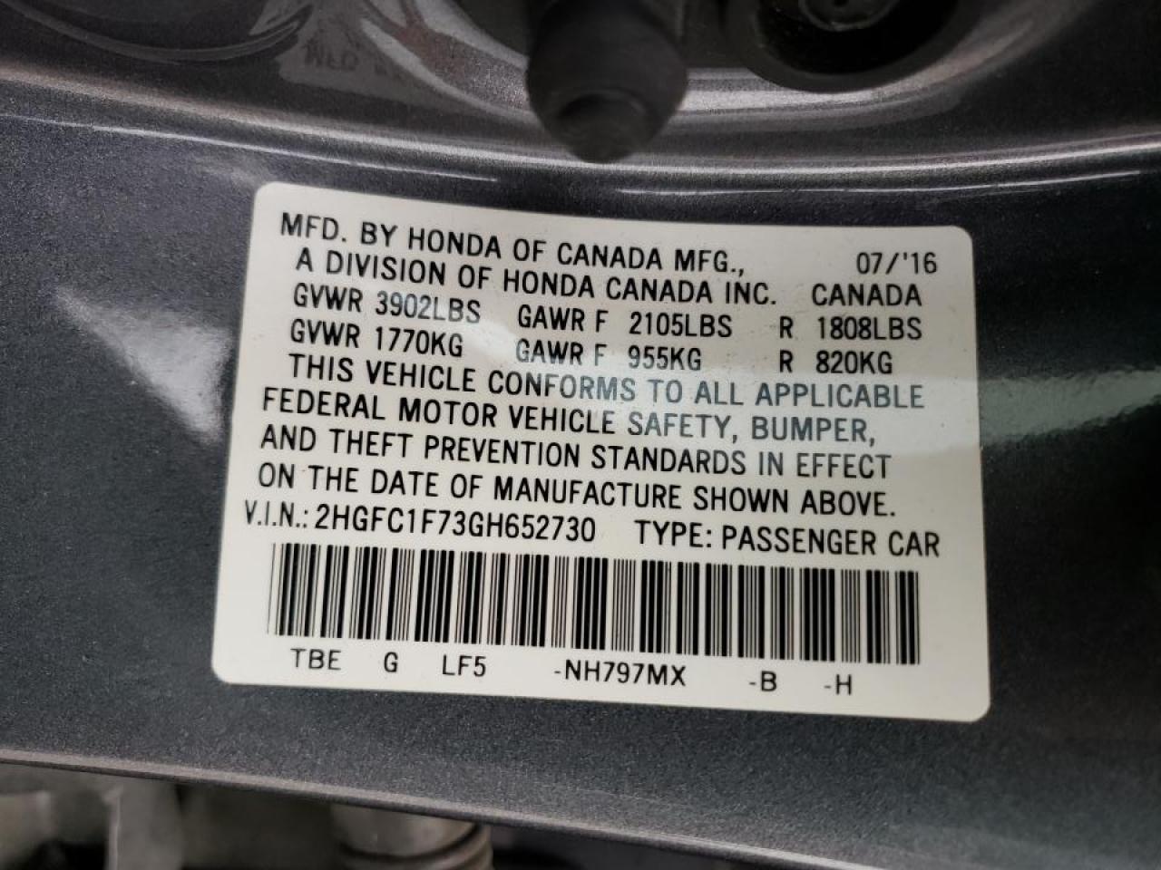 Photo 10 from auction – 2016 HONDA CIVIC EXL with VIN 2HGFC1F73GH652730