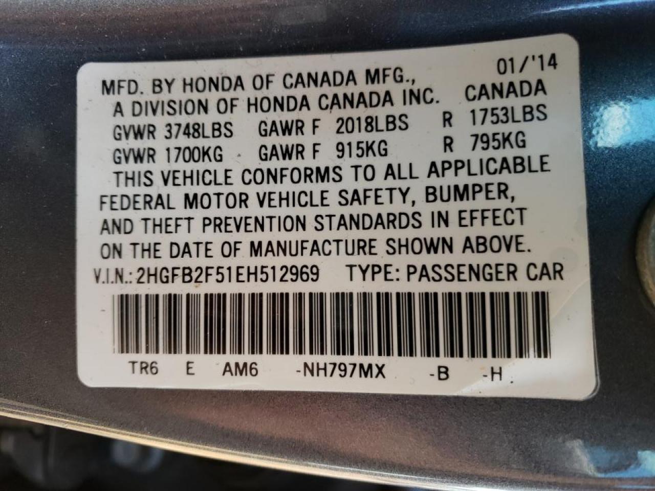 Photo 10 from auction – 2014 HONDA CIVIC LX with VIN 2HGFB2F51EH512969