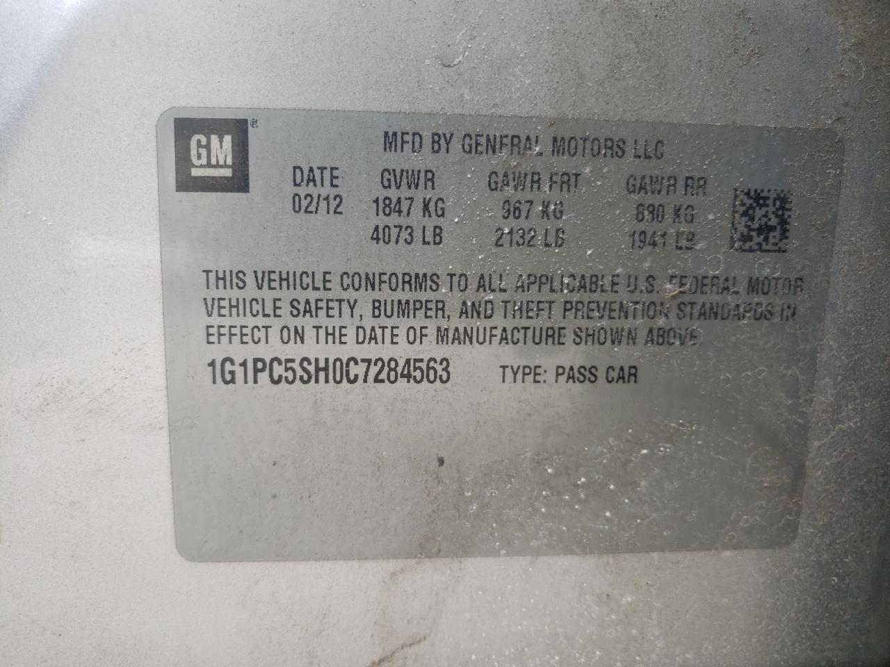 Photo 10 from auction – 2012 CHEVROLET CRUZE LS with VIN 1G1PC5SH0C7284563