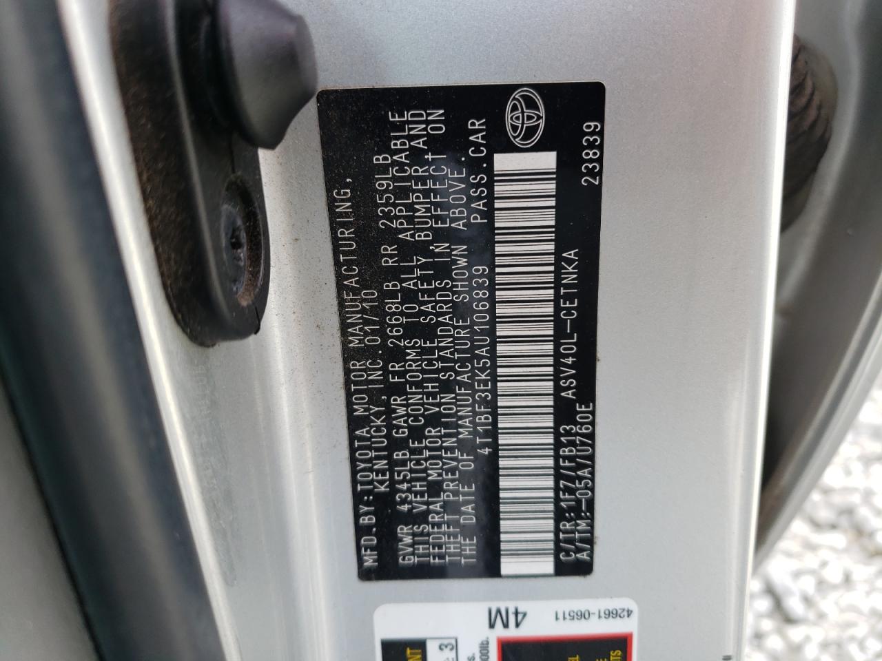 Photo 10 from auction – 2010 TOYOTA CAMRY BASE with VIN 4T1BF3EK5AU106839