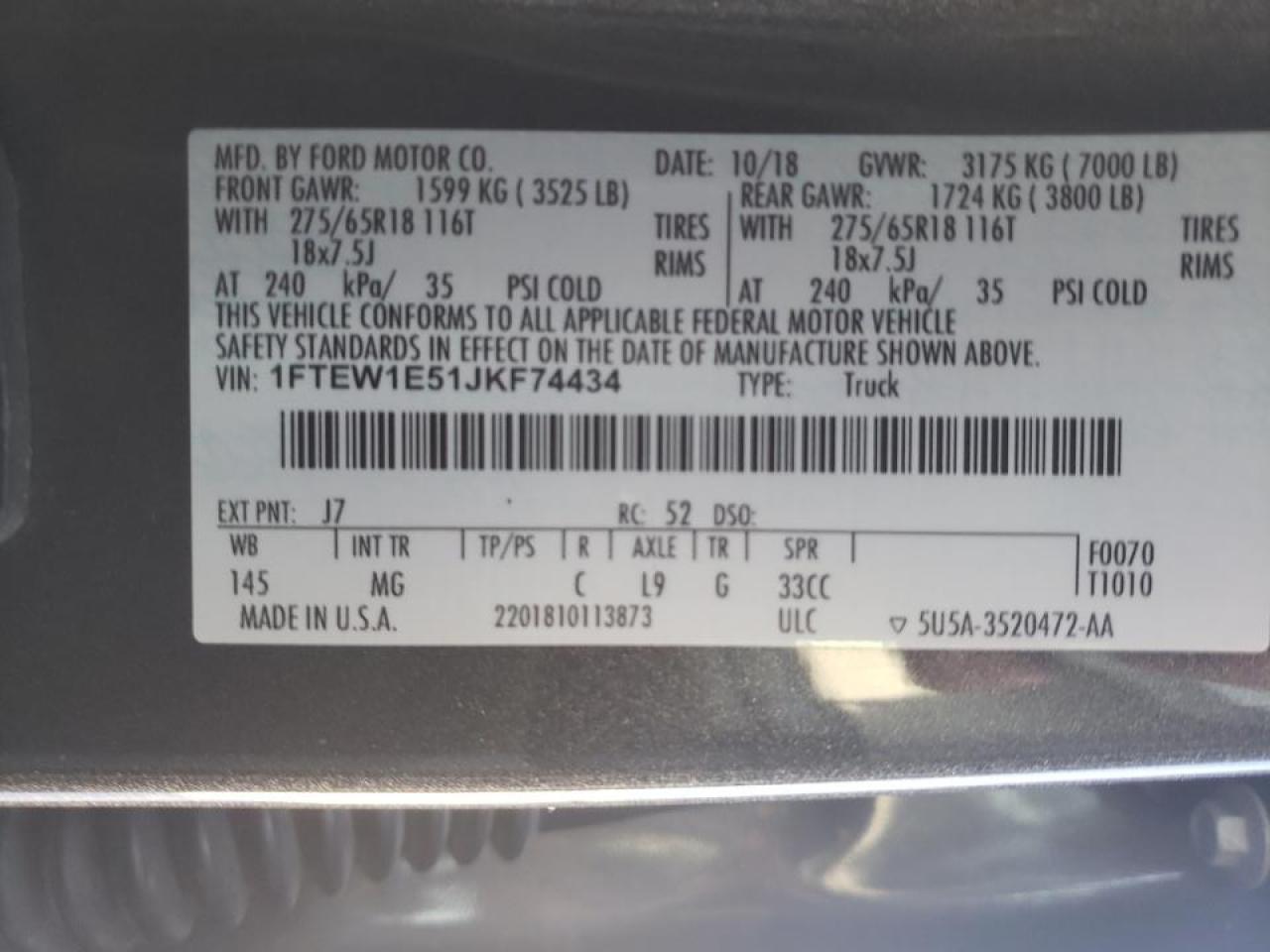 Photo 10 from auction – 2018 FORD F150 SUPER with VIN 1FTEW1E51JKF74434
