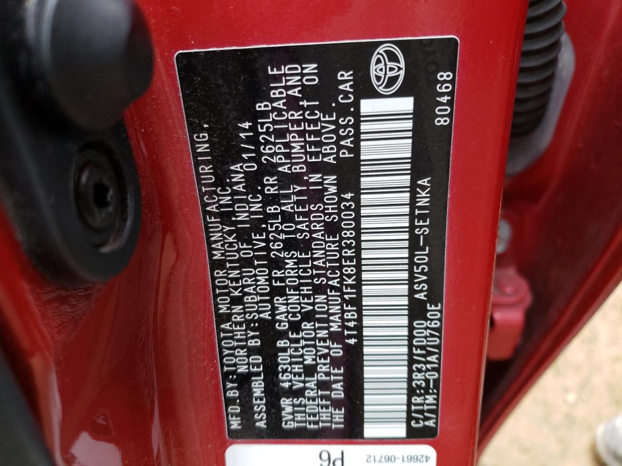 Photo 10 from auction – 2014 TOYOTA CAMRY L with VIN 4T4BF1FK8ER380034