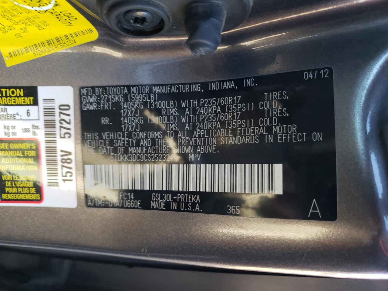 Photo 10 from auction – 2012 TOYOTA SIENNA LE with VIN 5TDKK3DC9CS252324