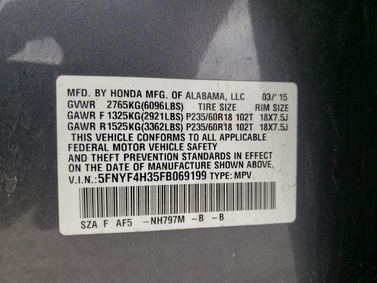 Photo 10 from auction – 2015 HONDA PILOT SE with VIN 5FNYF4H35FB069199