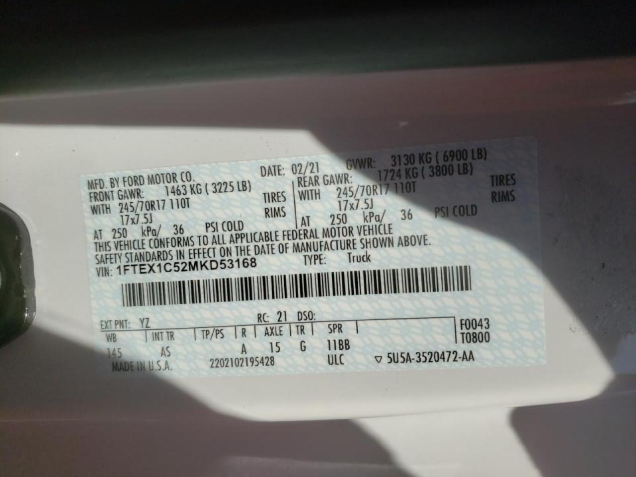 Photo 10 from auction – 2021 FORD F150 with VIN 1FTEX1C52MKD53168