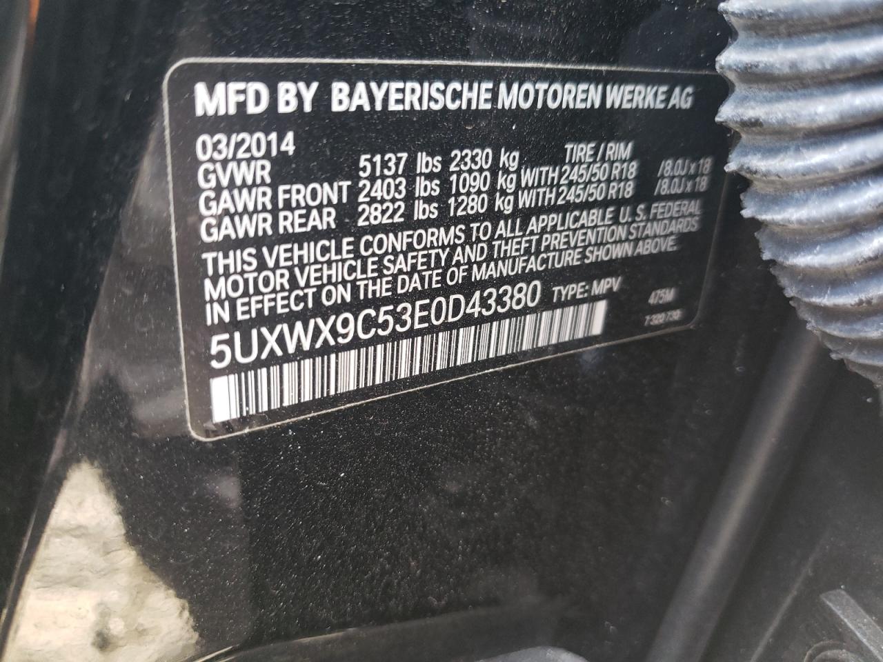 Photo 10 from auction – 2014 BMW X3 XDRIVE2 with VIN 5UXWX9C53E0D43380