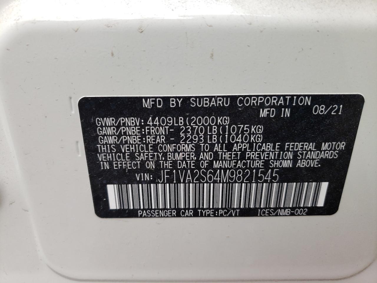 Photo 10 from auction – 2020 SUBARU WRX with VIN JF1VA2S64M9821545