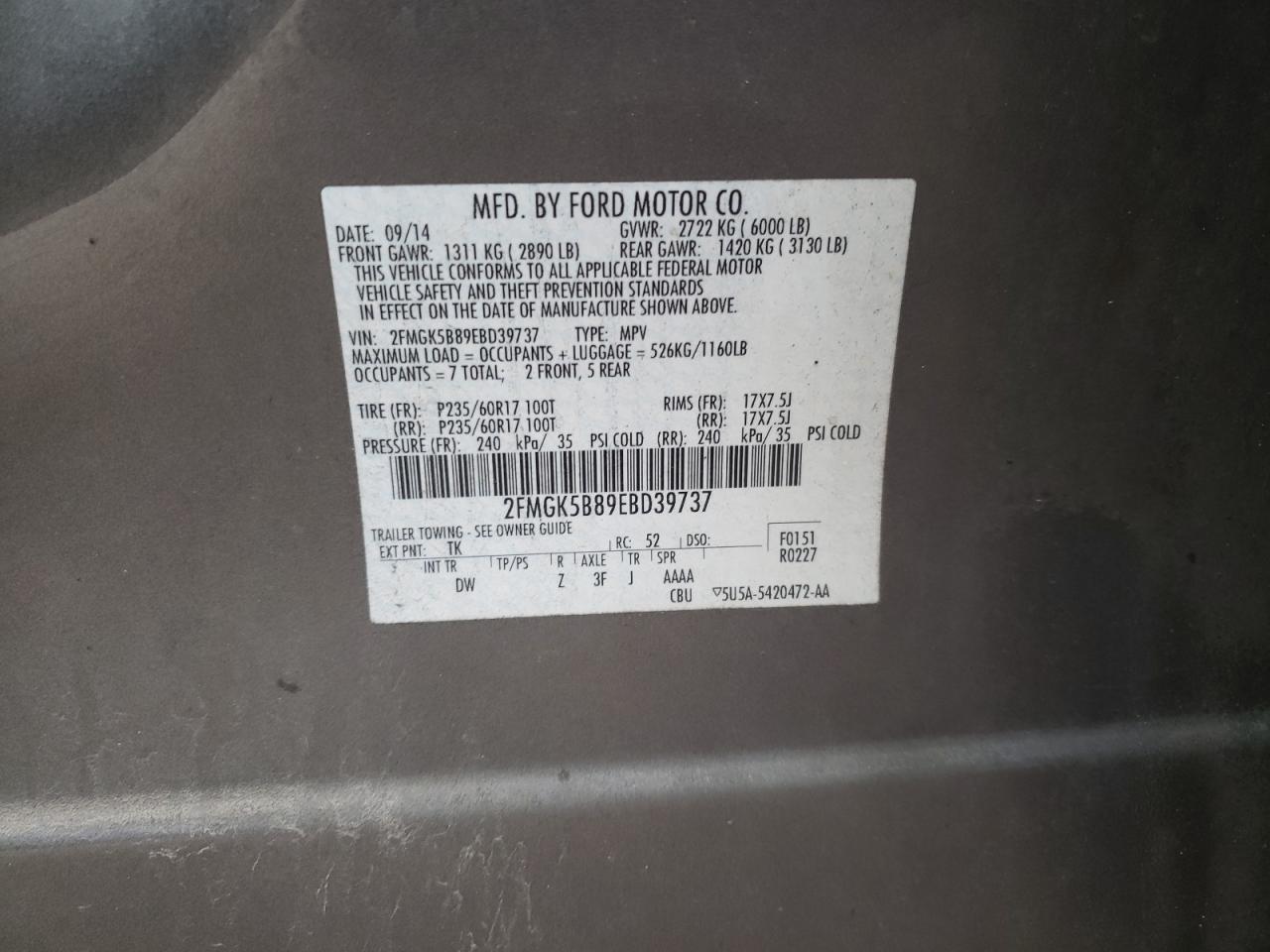 Photo 10 from auction – 2014 FORD FLEX SE with VIN 2FMGK5B89EBD39737