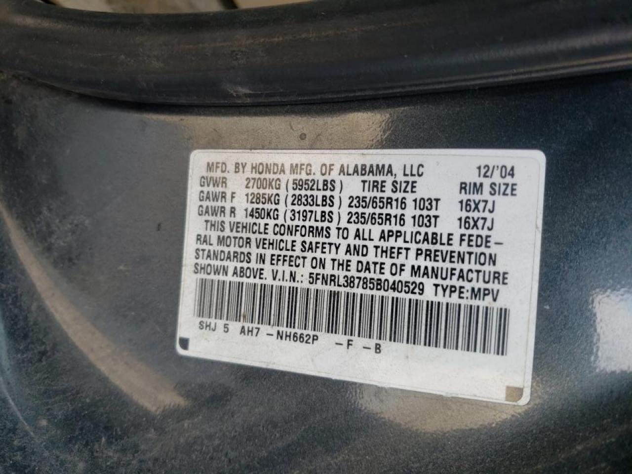 Photo 20 from auction – 2005 HONDA ODYSSEY EX with VIN 5FNRL38785B040529