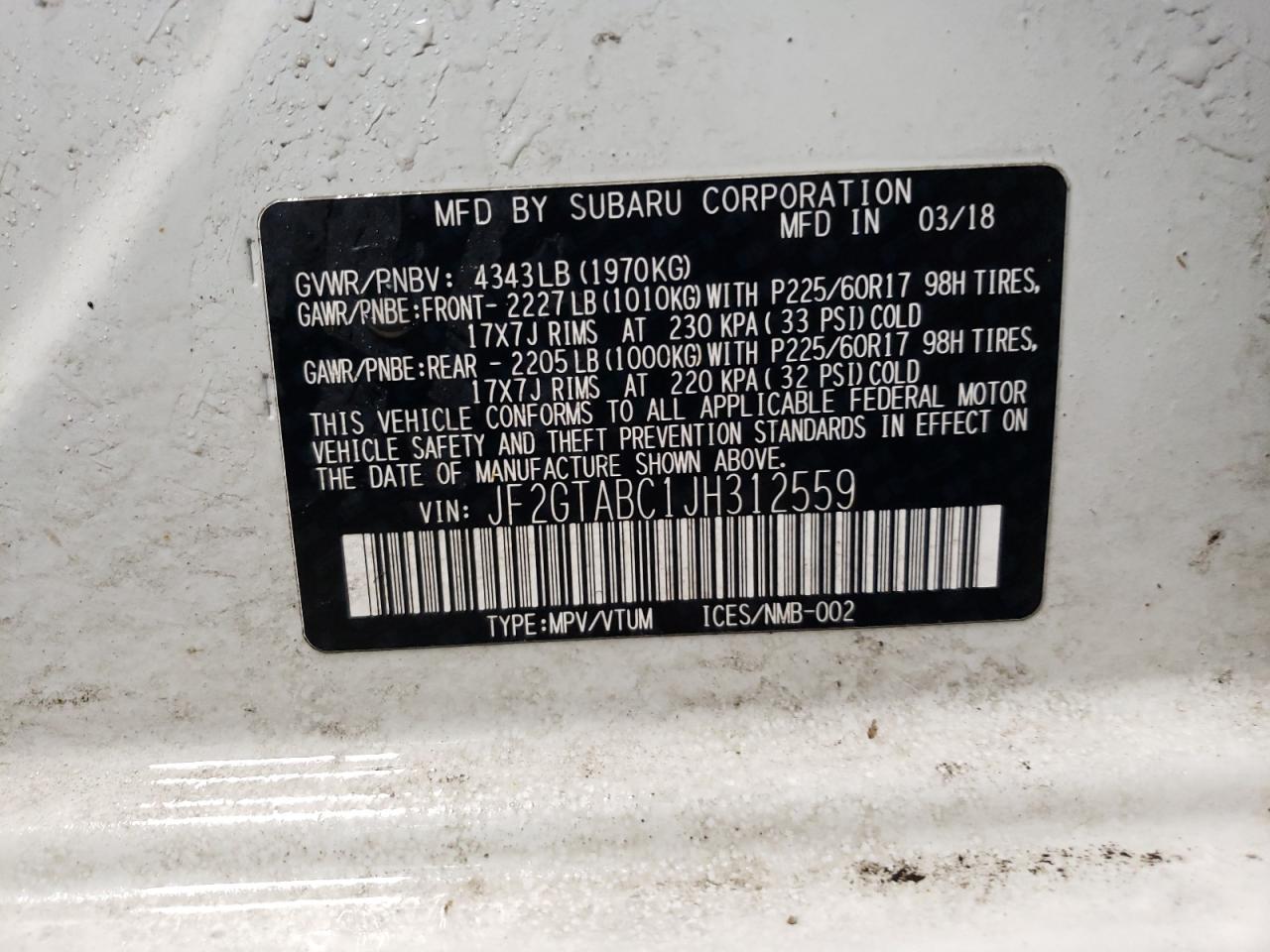 Zdjęcie 10 z aukcji – 2018 SUBARU CROSSTREK z VIN JF2GTABC1JH312559