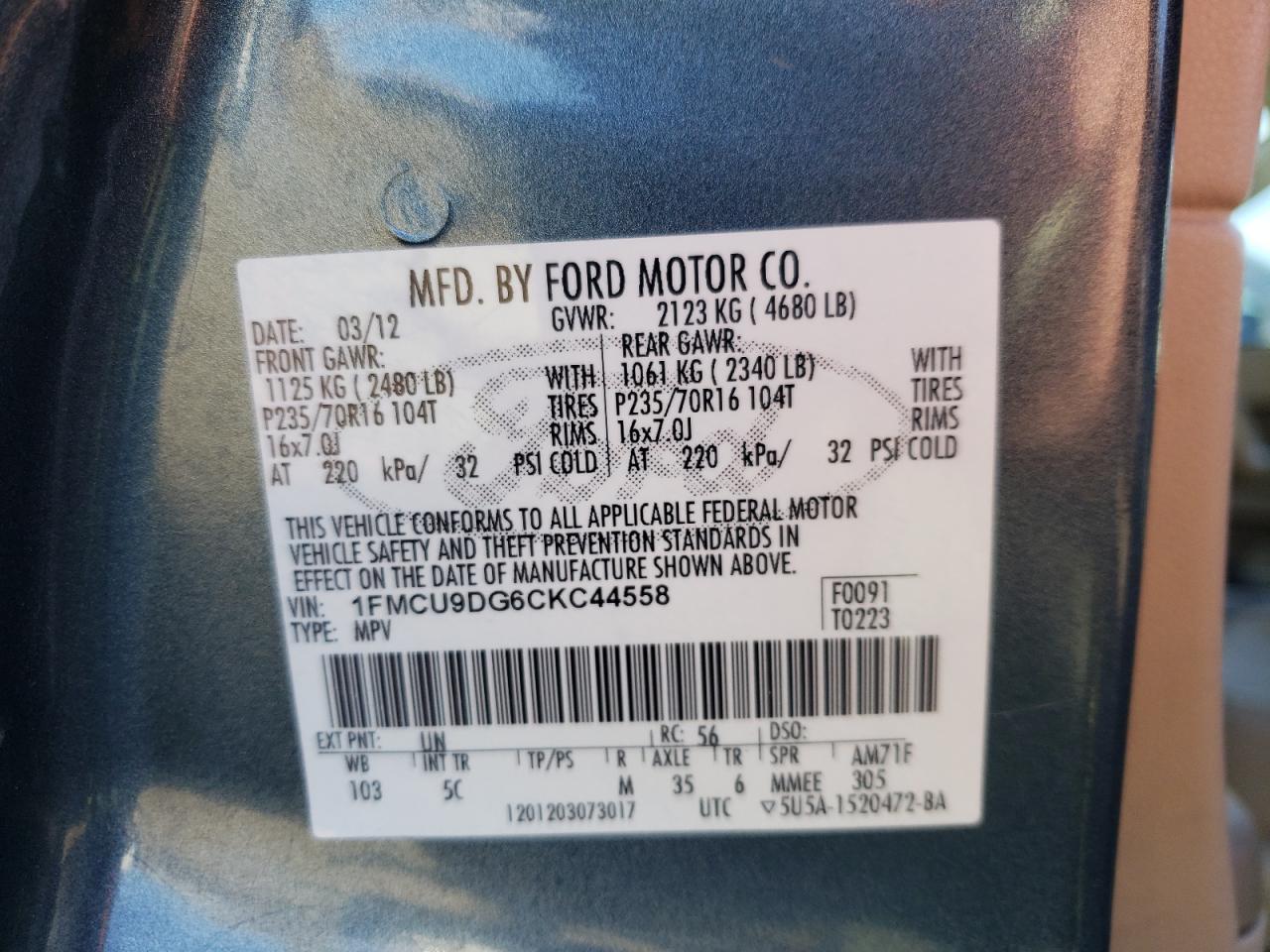 Photo 10 from auction – 2012 FORD ESCAPE XLT with VIN 1FMCU9DG6CKC44558
