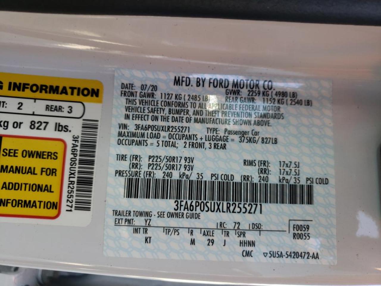 Photo 10 from auction – 2020 FORD FUSION TIT with VIN 3FA6P0SUXLR255271