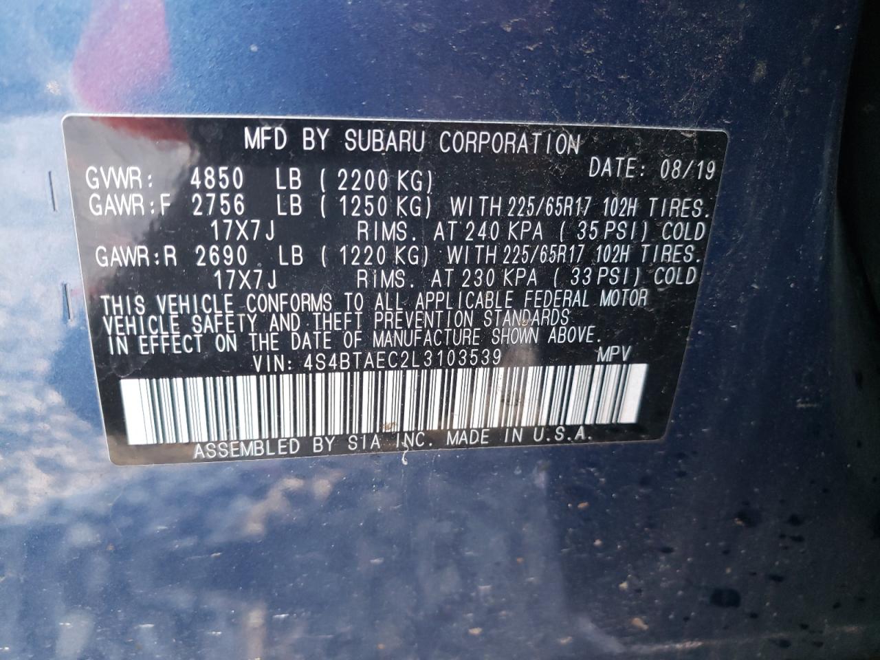 Photo 10 from auction – 2020 SUBARU OUTBACK PR with VIN 4S4BTAEC2L3103539