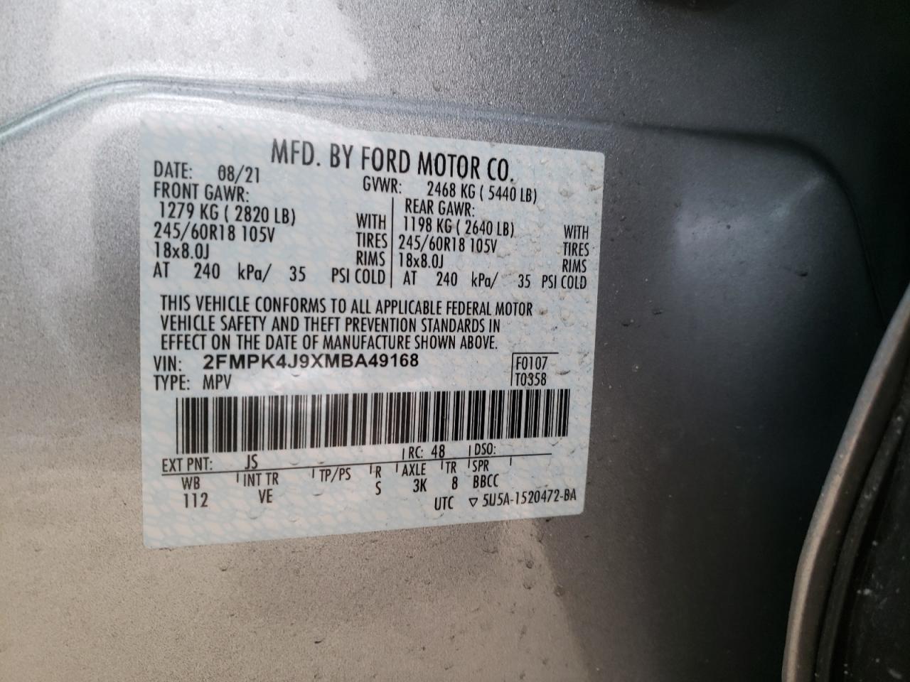 Photo 10 from auction – 2021 FORD EDGE SEL with VIN 2FMPK4J9XMBA49168