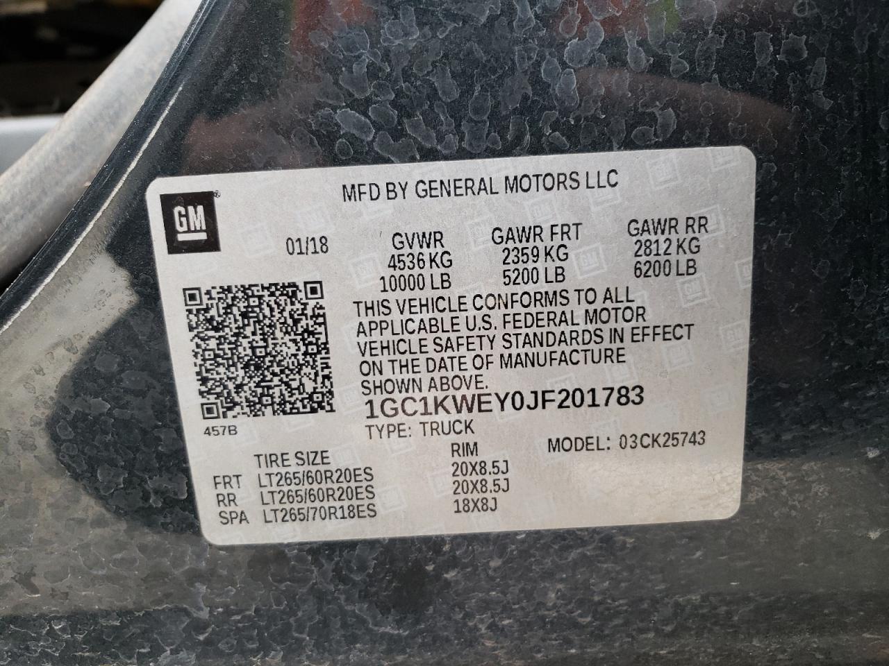 Photo 10 from auction – 2018 CHEVROLET SILVERADO with VIN 1GC1KWEY0JF201783