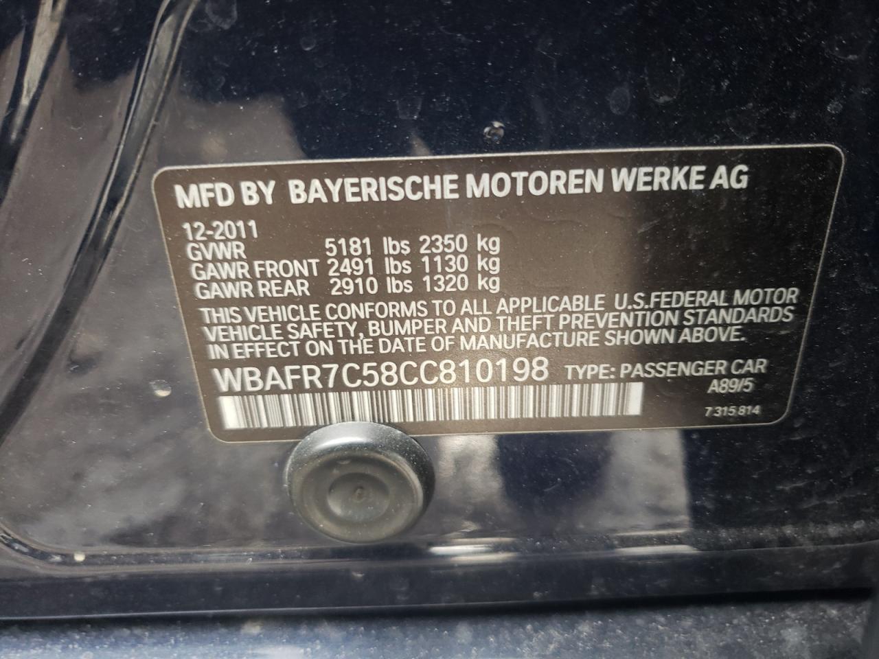 Photo 10 from auction – 2012 BMW 535 I with VIN WBAFR7C58CC810198