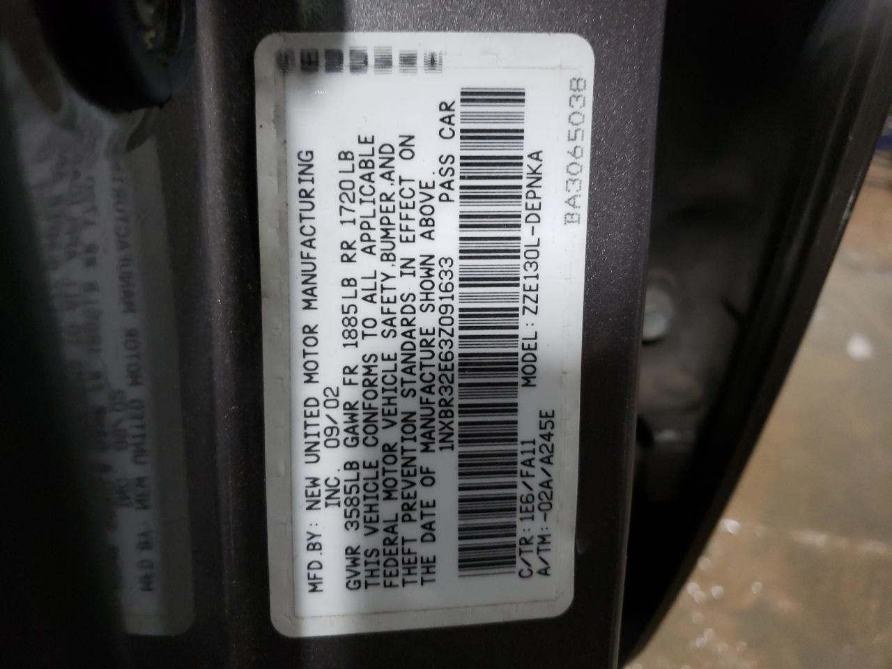 Photo 10 from auction – 2003 TOYOTA COROLLA CE with VIN 1NXBR32E63Z091633