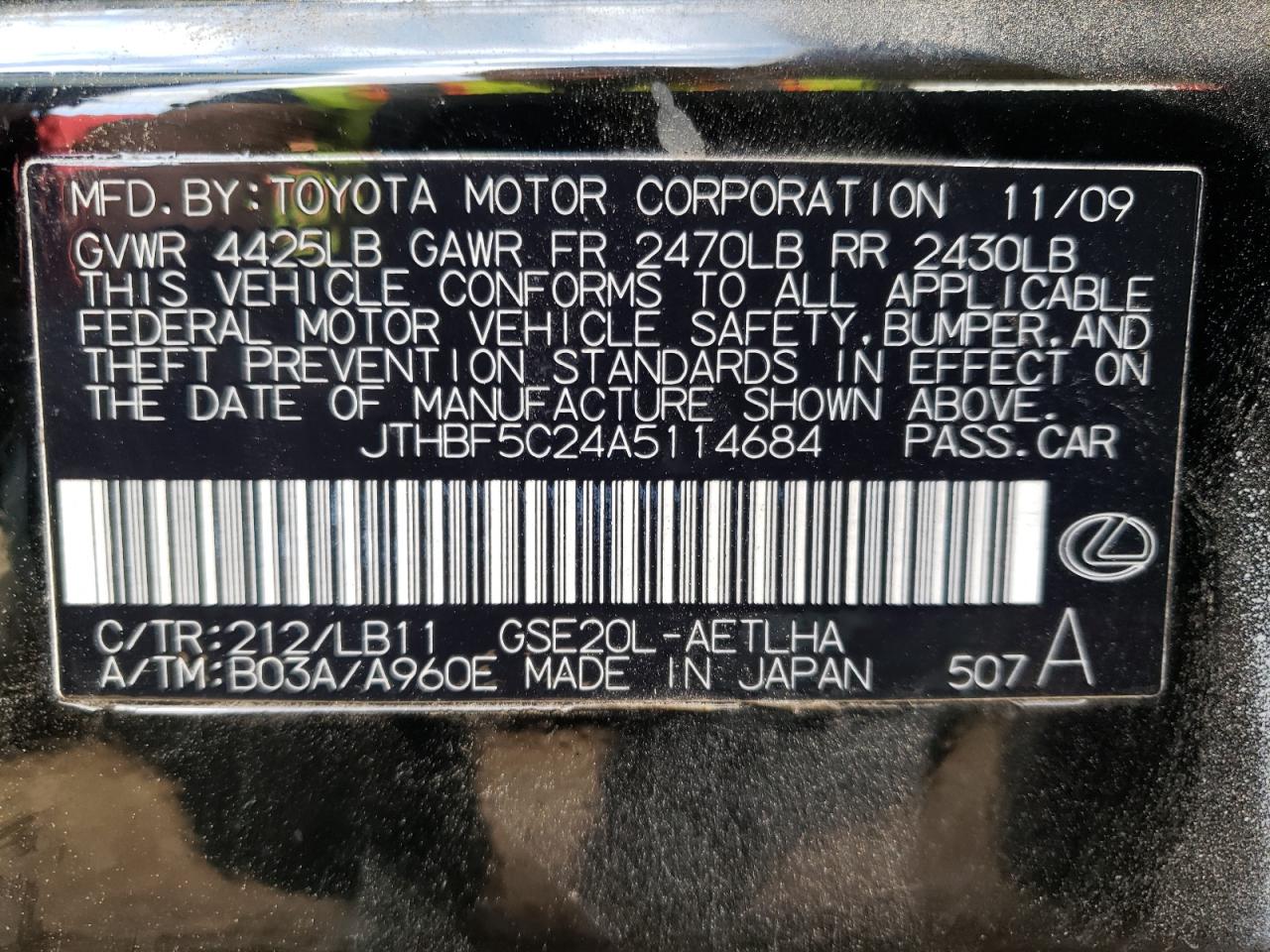 Photo 10 from auction – 2010 LEXUS IS 250 with VIN JTHBF5C24A5114684