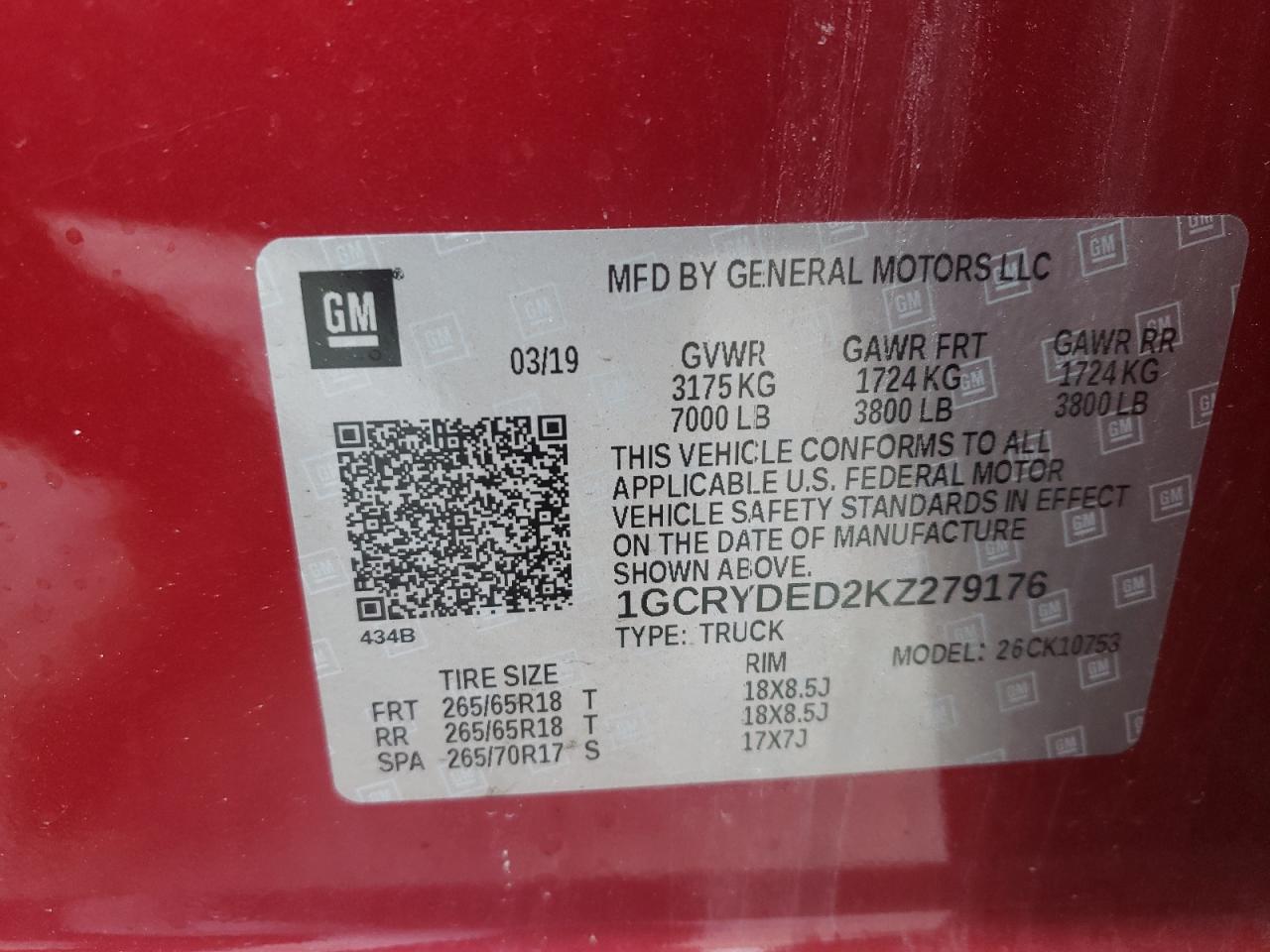 Photo 10 from auction – 2019 CHEVROLET SILVERADO with VIN 1GCRYDED2KZ279176