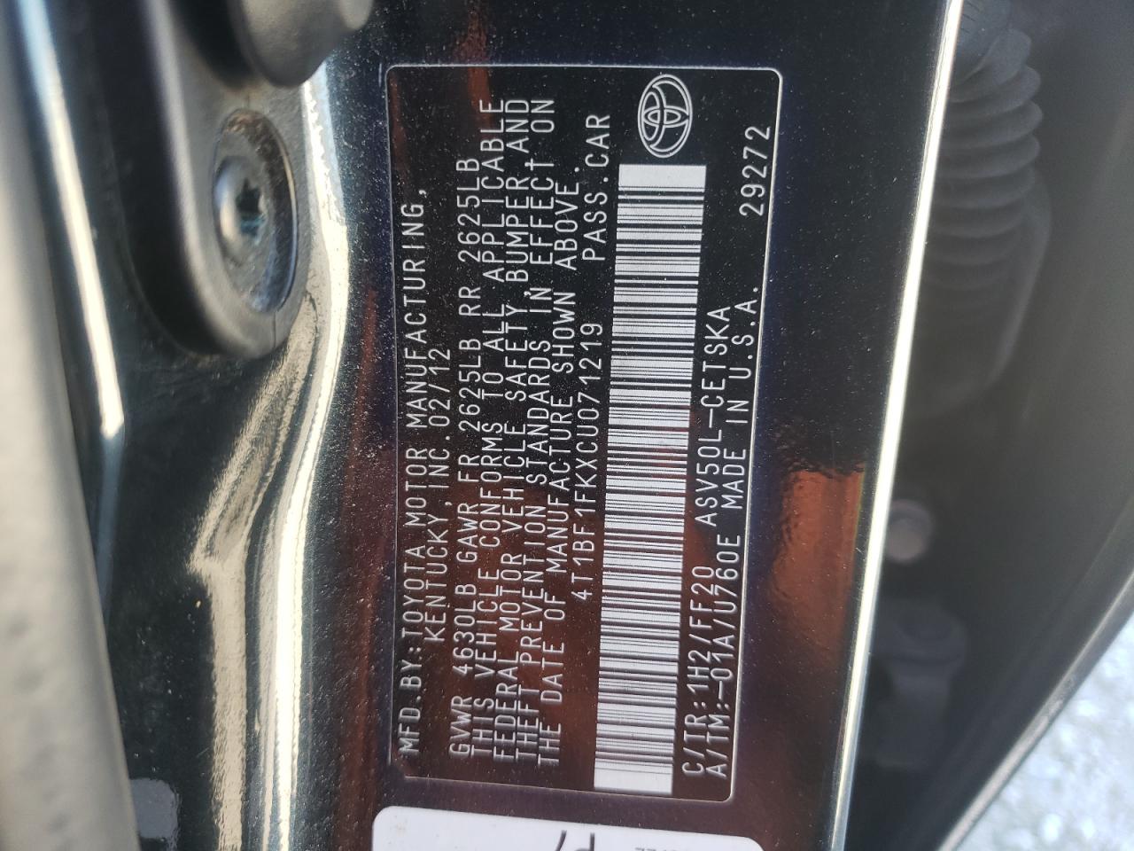 Photo 10 from auction – 2012 TOYOTA CAMRY BASE with VIN 4T1BF1FKXCU071219
