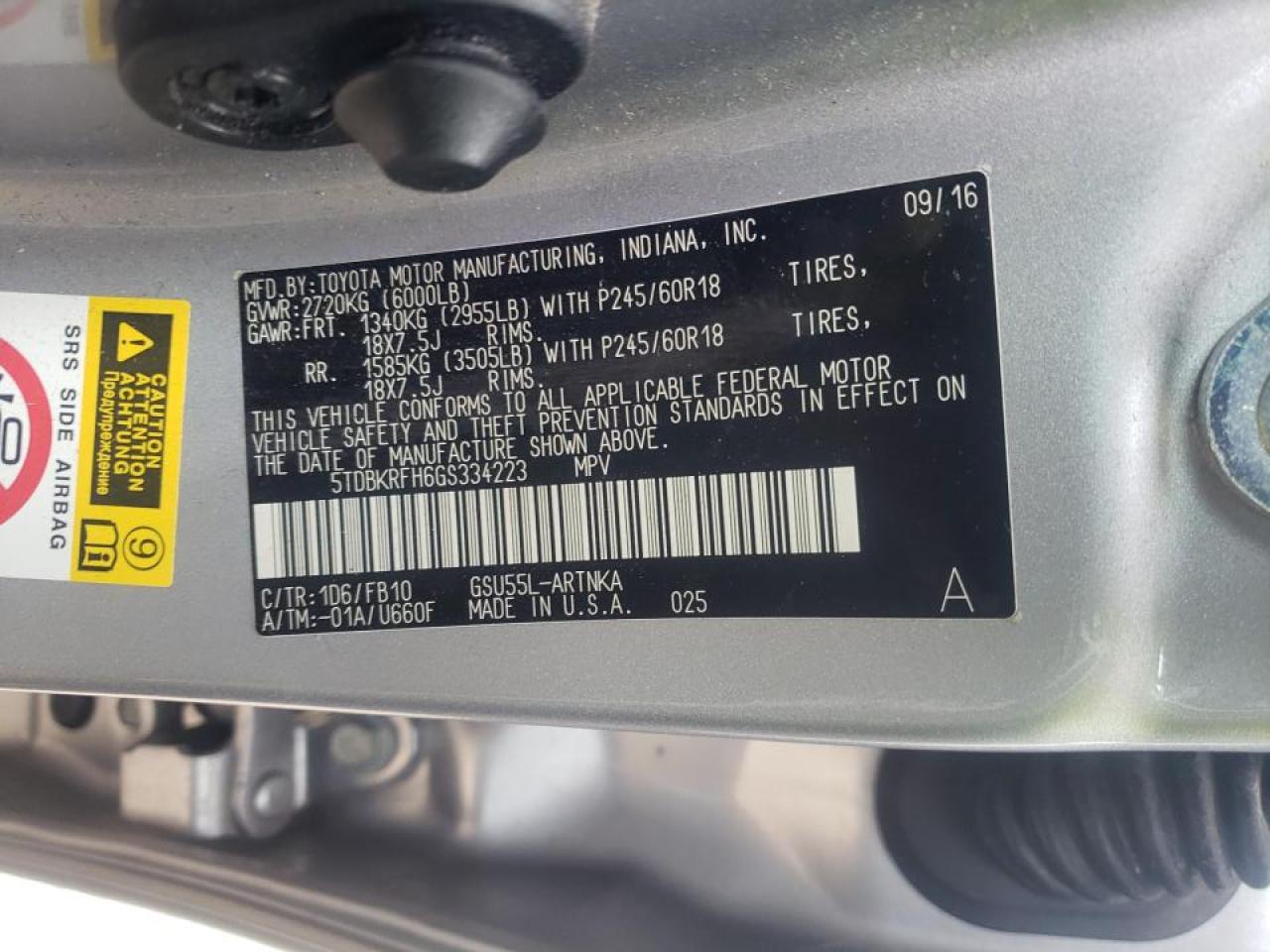 Photo 10 from auction – 2016 TOYOTA HIGHLANDER with VIN 5TDBKRFH6GS334223