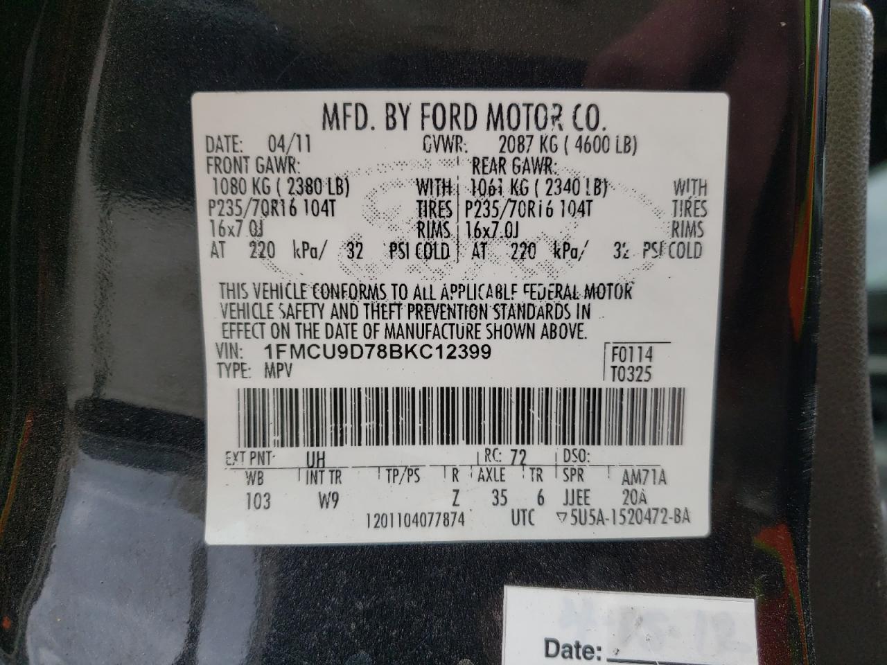 Photo 10 from auction – 2011 FORD ESCAPE XLT with VIN 1FMCU9D78BKC12399