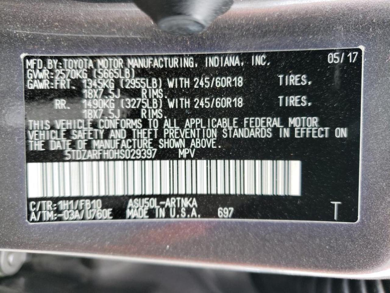 Photo 10 from auction – 2017 TOYOTA HIGHLANDER with VIN 5TDZARFH0HS029397