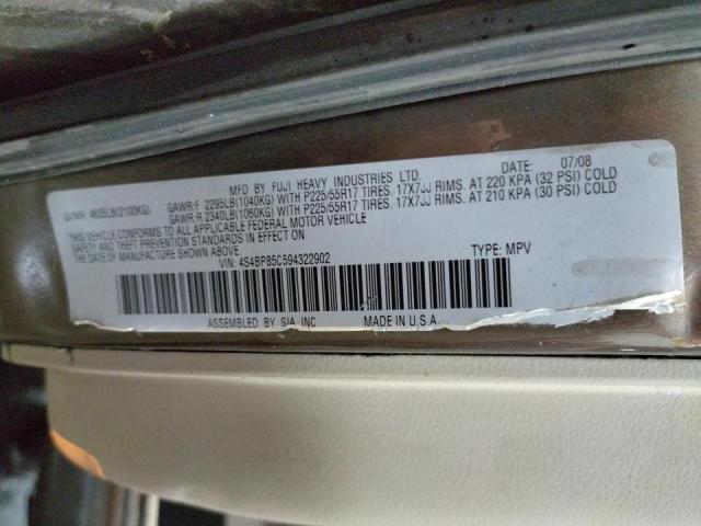 Photo 10 from auction – 2009 SUBARU OUTBACK 3. with VIN 4S4BP85C594322902