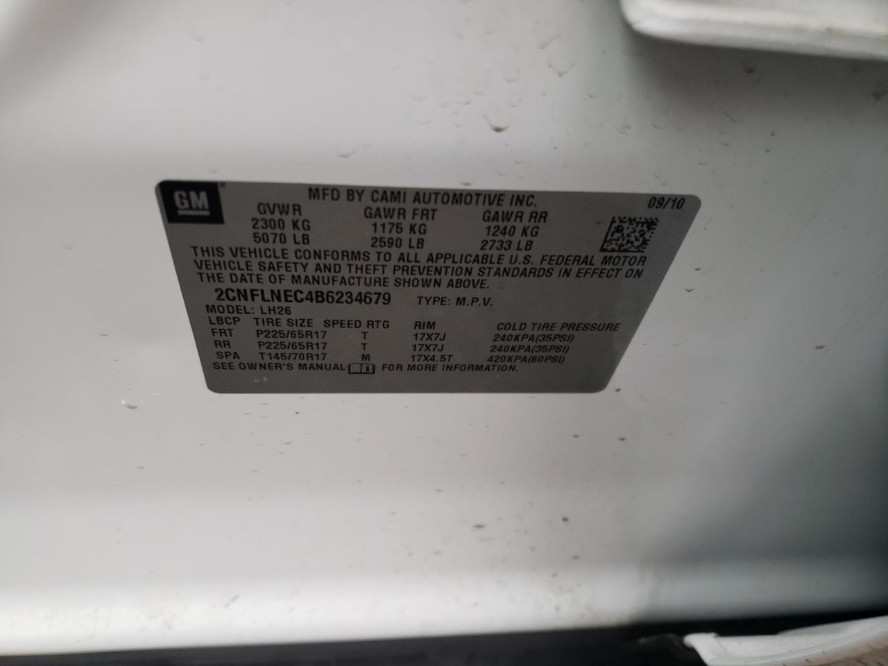 Photo 10 from auction – 2011 CHEVROLET EQUINOX LT with VIN 2CNFLNEC4B6234679