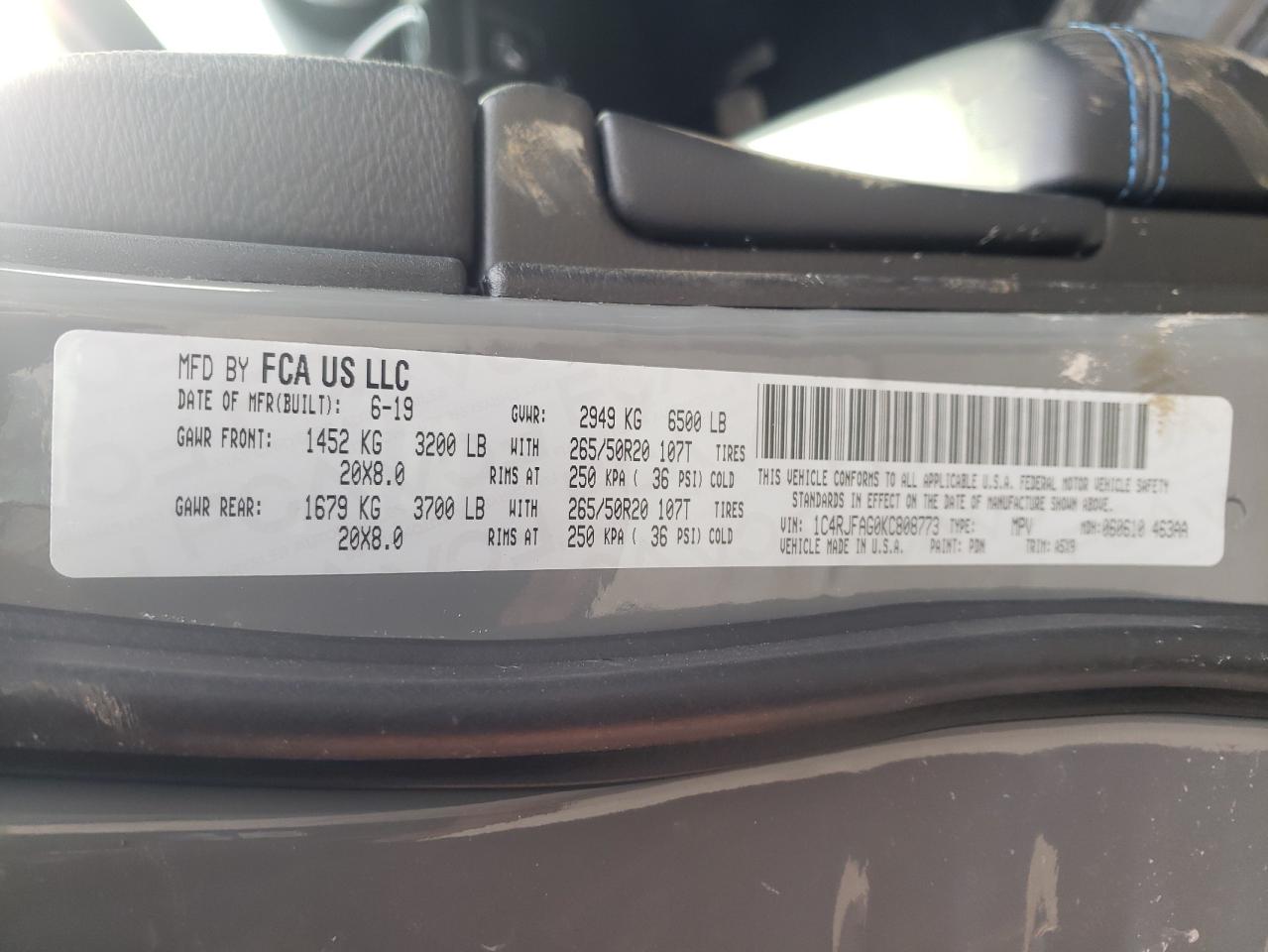 Photo 10 from auction – 2019 JEEP GRAND CHER with VIN 1C4RJFAG0KC808773