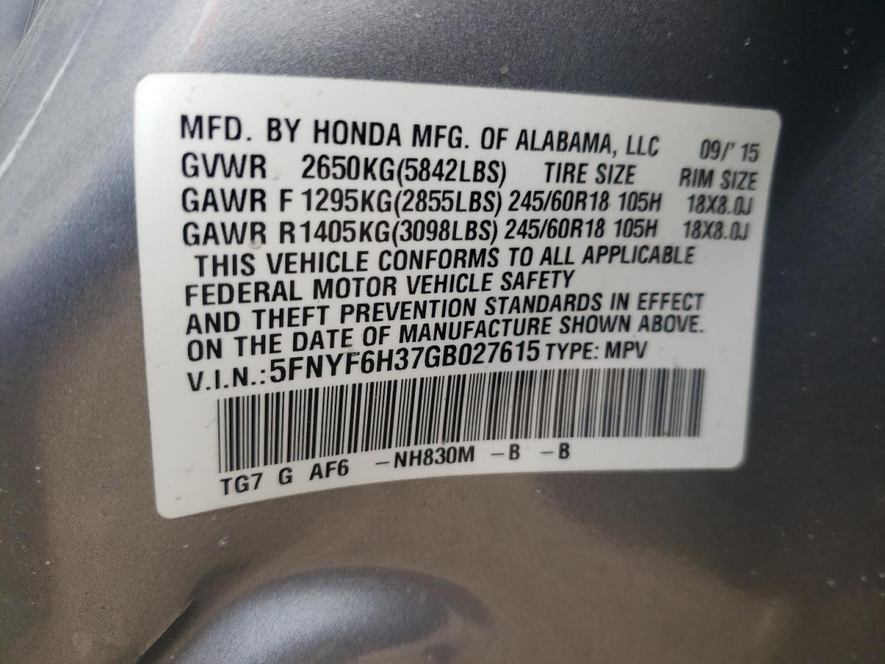 Photo 10 from auction – 2016 HONDA PILOT EX with VIN 5FNYF6H37GB027615
